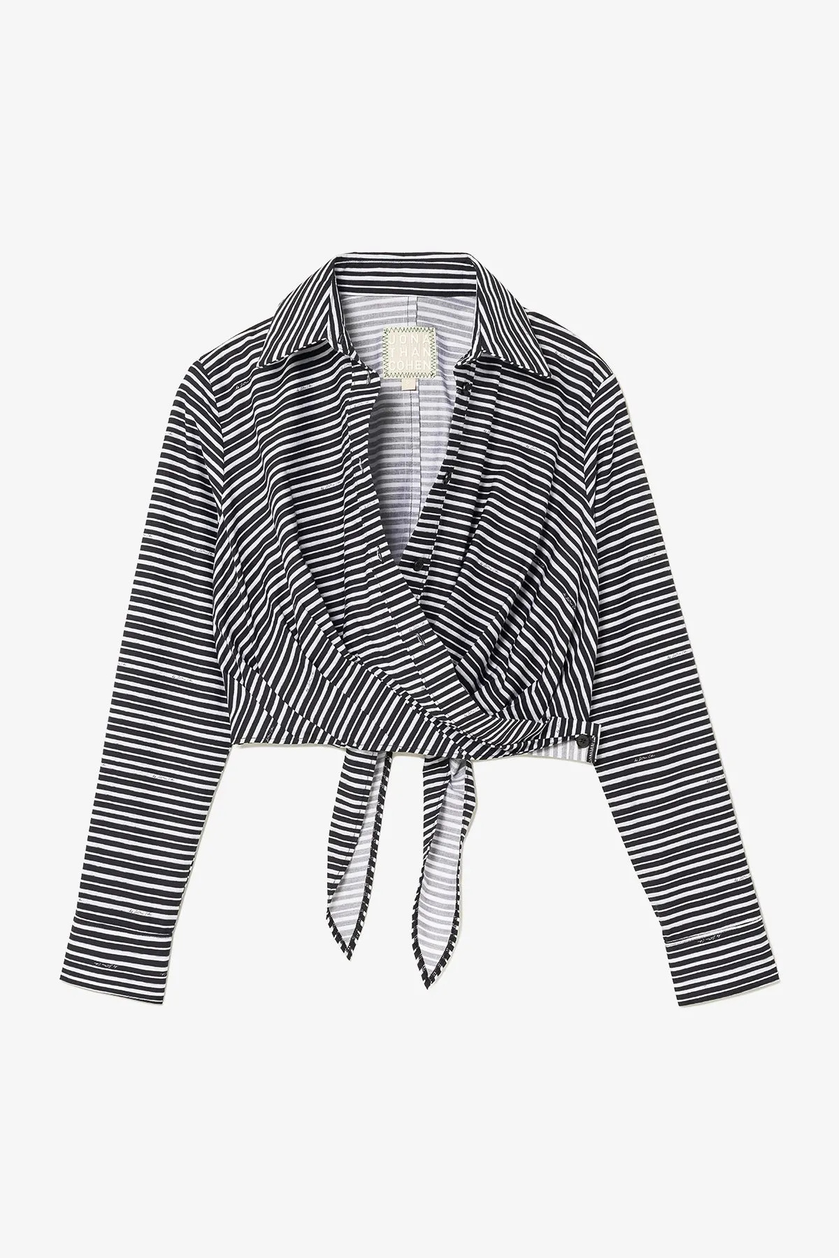 Rose Wrap Top In Black and White Striped Cotton sold by Larroude