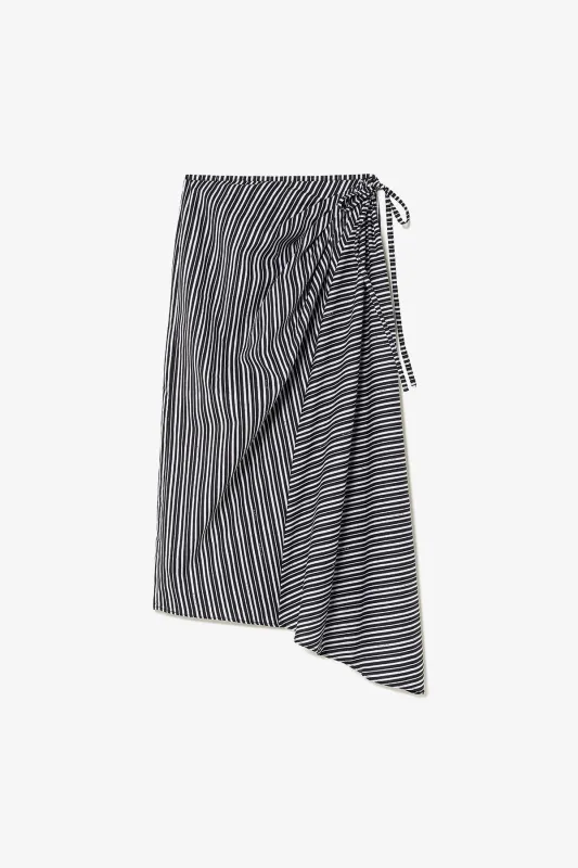Ayesha Pleated Wrap Skirt In Black and White Striped Cotton sold by Larroude