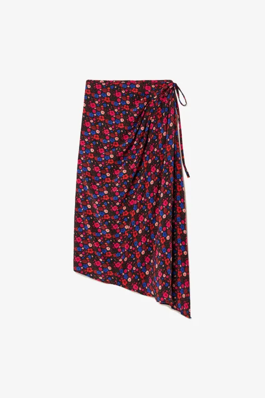 Ayesha Pleated Wrap Skirt In Black Floral Silk sold by Larroude