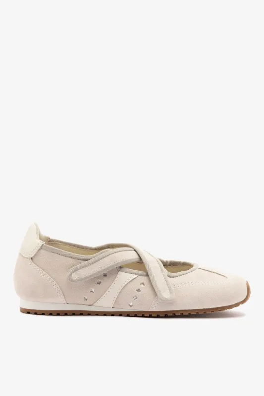 Stella Ballerina Flat In Mushroom Grey Suede and Ivory Leather sold by Larroude