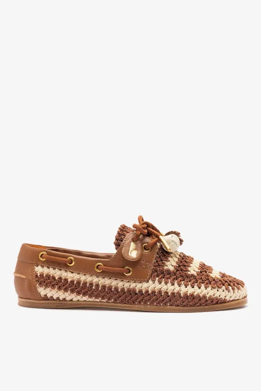 Cyprus Crochet Boat Shoe In Caramel and Ivory Crochet and Caramel Leather sold by Larroude