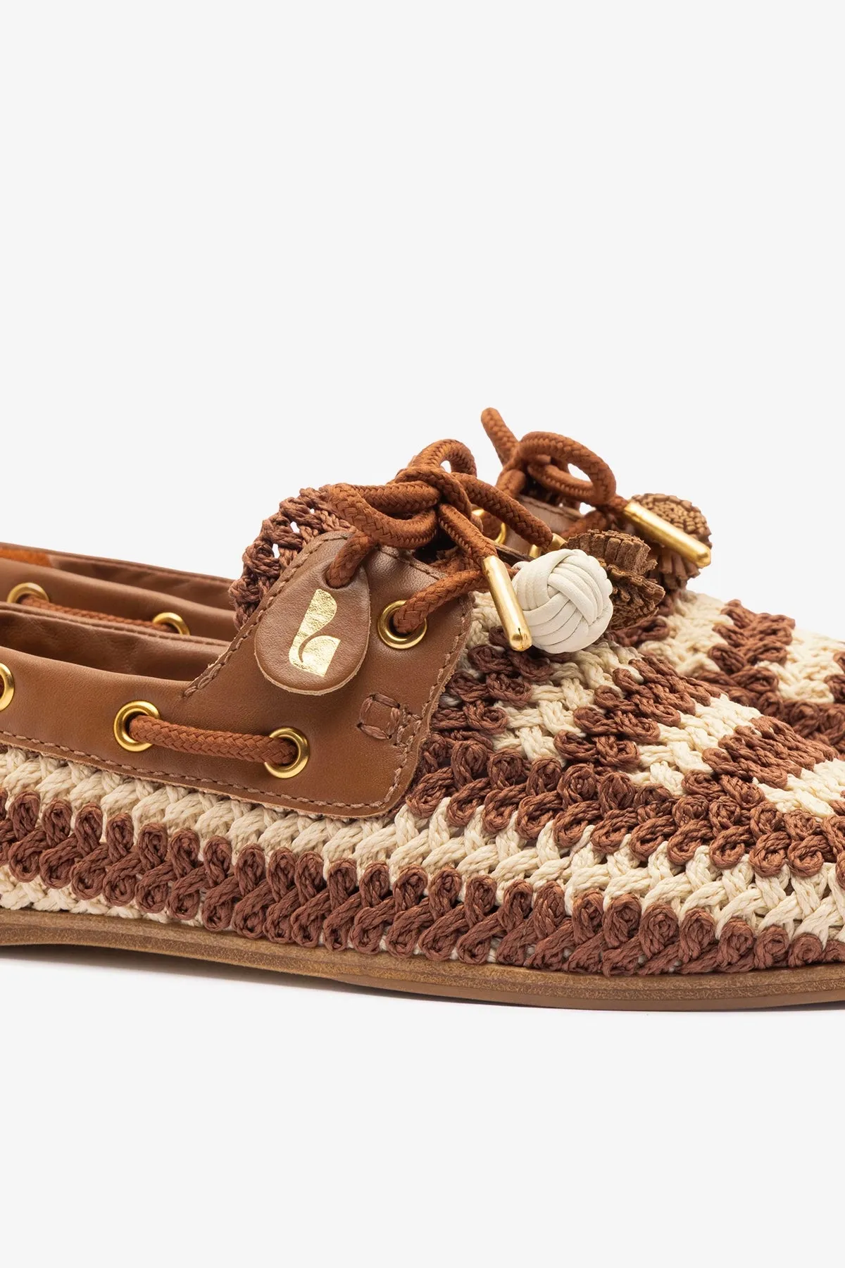 Cyprus Crochet Boat Shoe In Caramel and Ivory Crochet and Caramel Leather sold by Larroude product image thumbnail 4