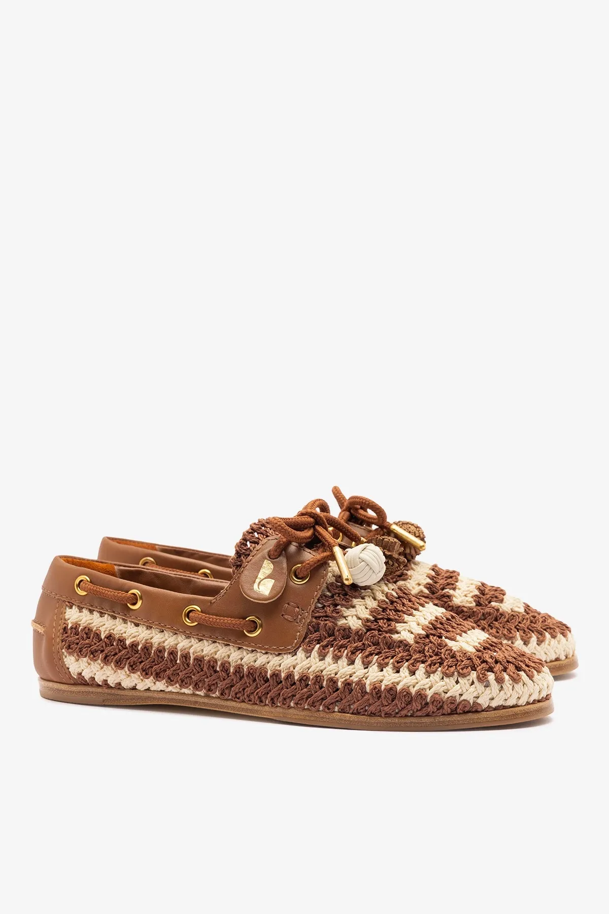 Cyprus Crochet Boat Shoe In Caramel and Ivory Crochet and Caramel Leather sold by Larroude product image thumbnail 3