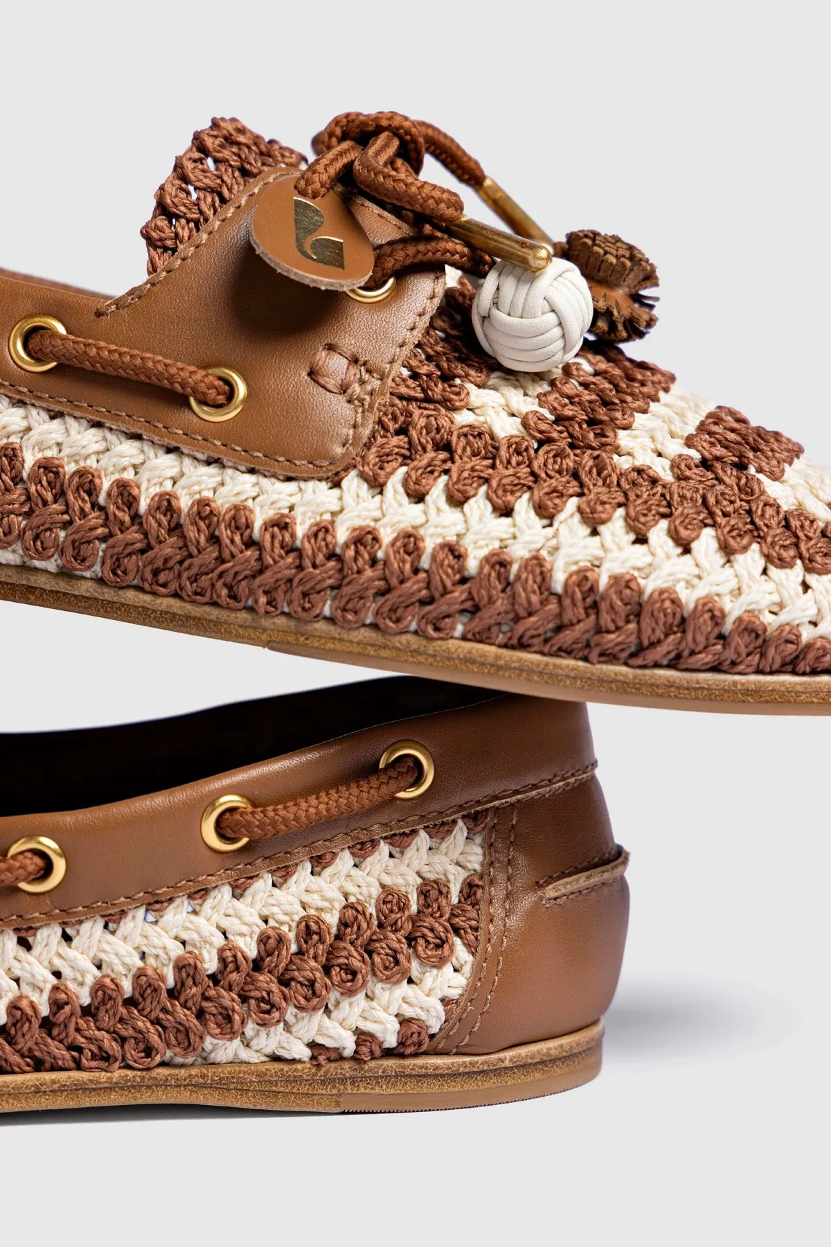 Cyprus Crochet Boat Shoe In Caramel and Ivory Crochet and Caramel Leather sold by Larroude product image thumbnail 5