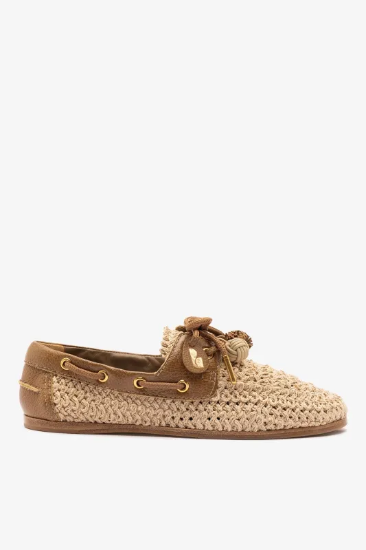 Cyprus Crochet Boat Shoe In Natural Crochet and Russet Leather sold by Larroude