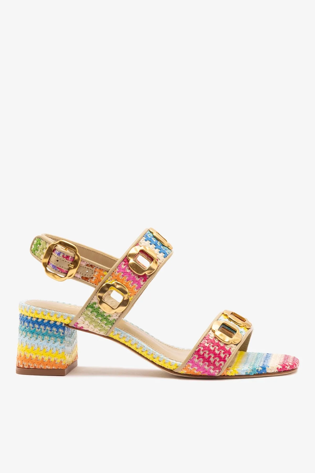 Milan Sandal In Rainbow Raffia and Beige Leather sold by Larroude