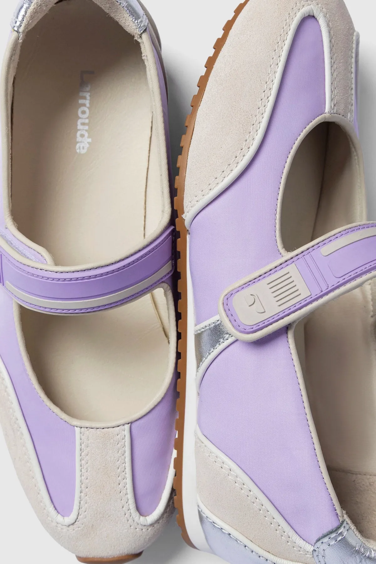 Devon Ballet Flat In Mushroom Grey Suede, Lilac Nylon and Silver Metallic Leather sold by Larroude product image thumbnail 2