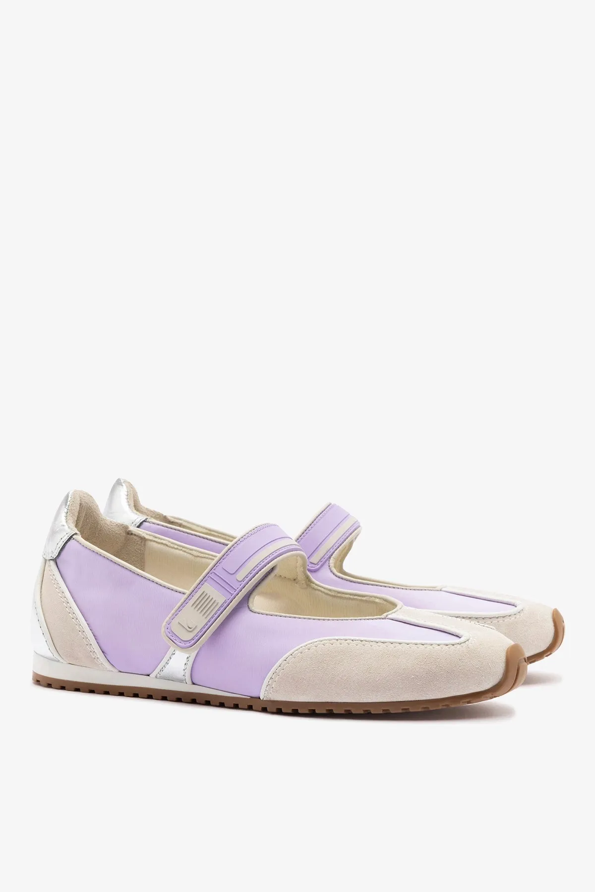Devon Ballet Flat In Mushroom Grey Suede, Lilac Nylon and Silver Metallic Leather sold by Larroude product image thumbnail 3