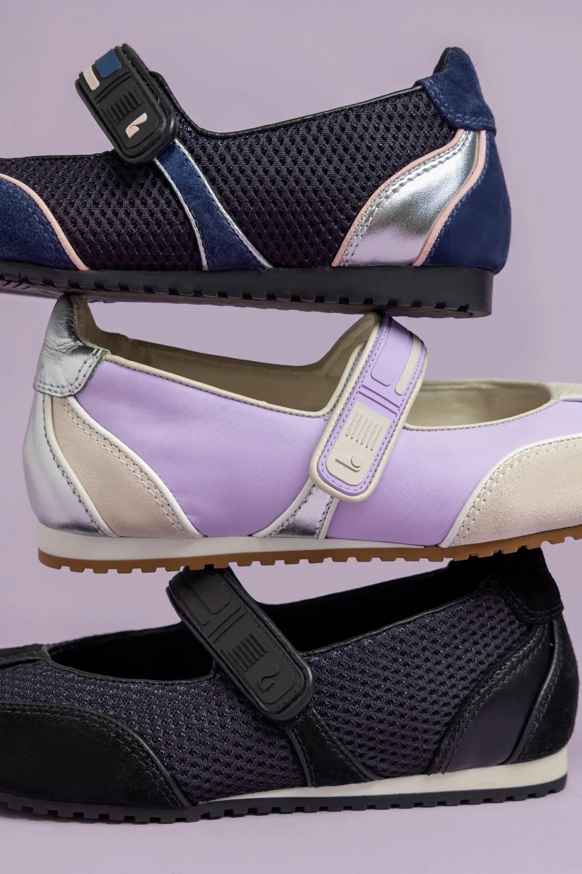 Devon Ballet Flat In Mushroom Grey Suede, Lilac Nylon and Silver Metallic Leather sold by Larroude product image thumbnail 5