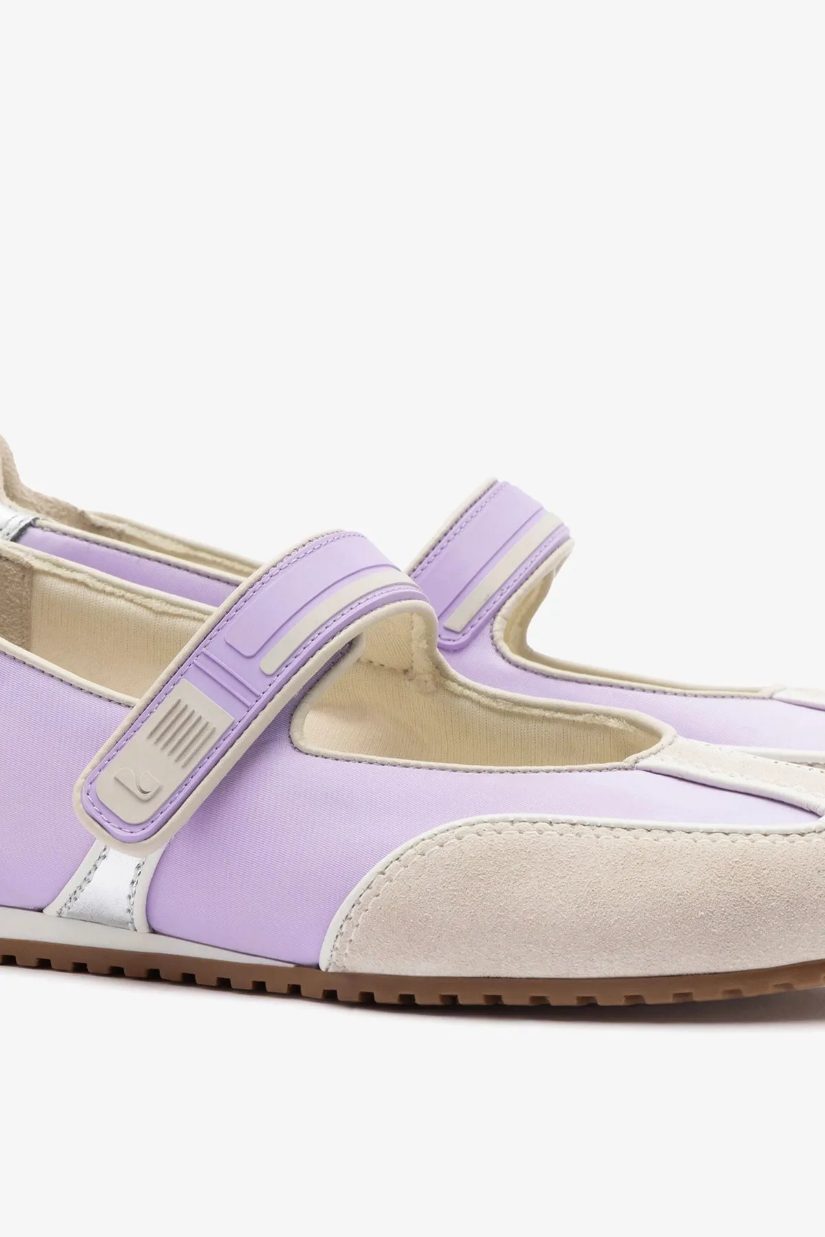 Devon Ballet Flat In Mushroom Grey Suede, Lilac Nylon and Silver Metallic Leather sold by Larroude product image thumbnail 4