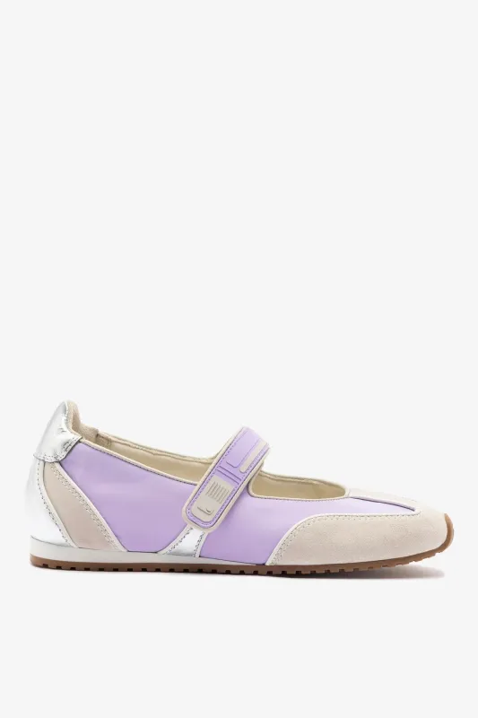 Devon Ballet Flat In Mushroom Grey Suede, Lilac Nylon and Silver Metallic Leather sold by Larroude