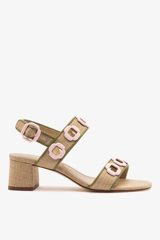 Milan Sandal In Beige Raffia and Seaweed Leather sold by Larroude