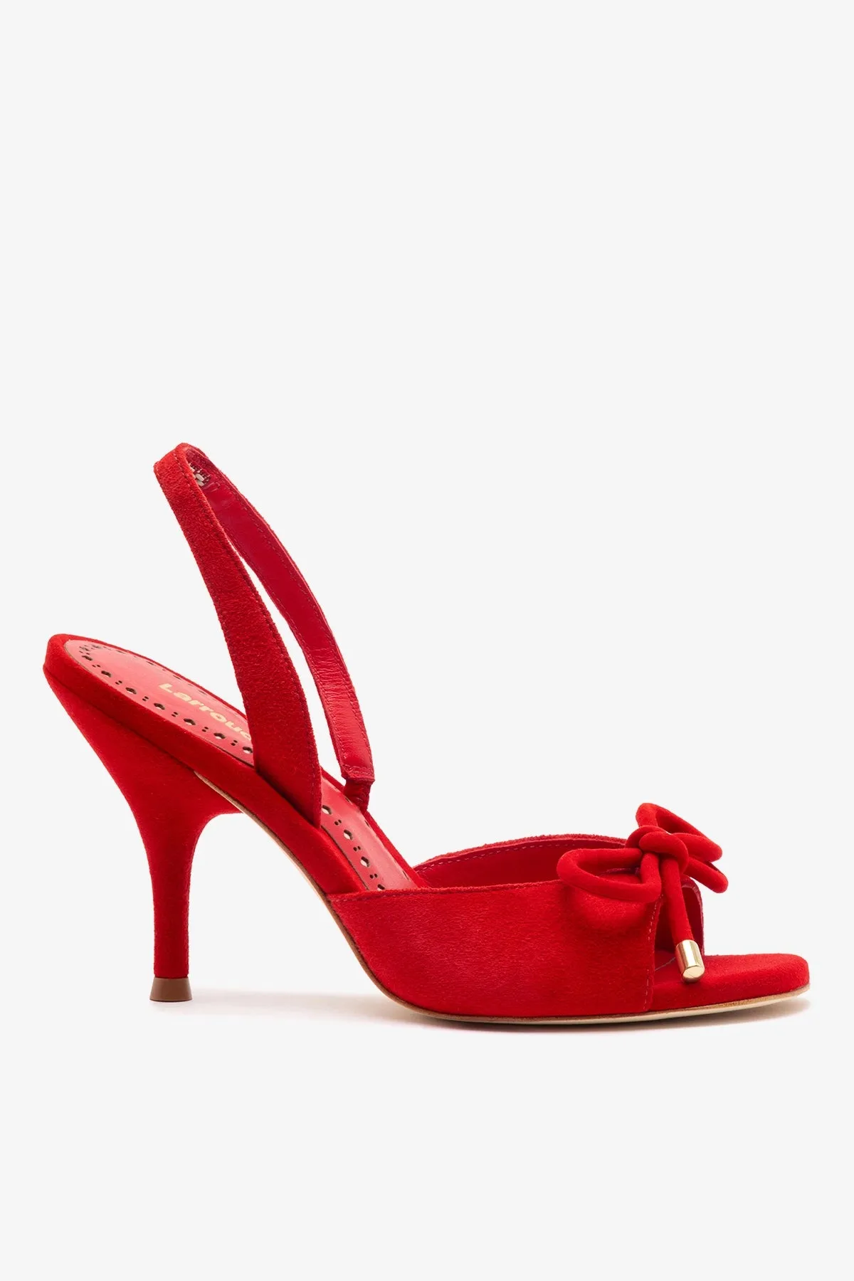 Lady Sandal In Scarlet Suede sold by Larroude
