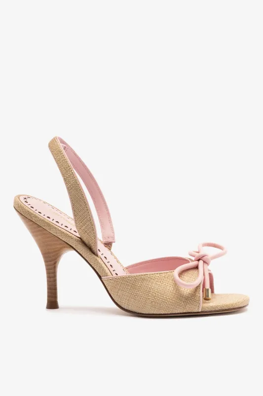 Lady Sandal In Beige Raffia And Tulip Leather sold by Larroude