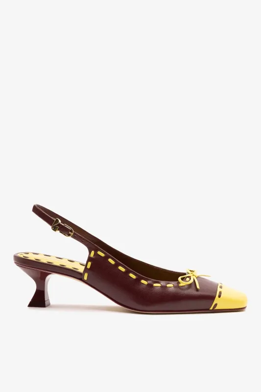 Jenny Pump In Burgundy and Lemonade Leather sold by Larroude