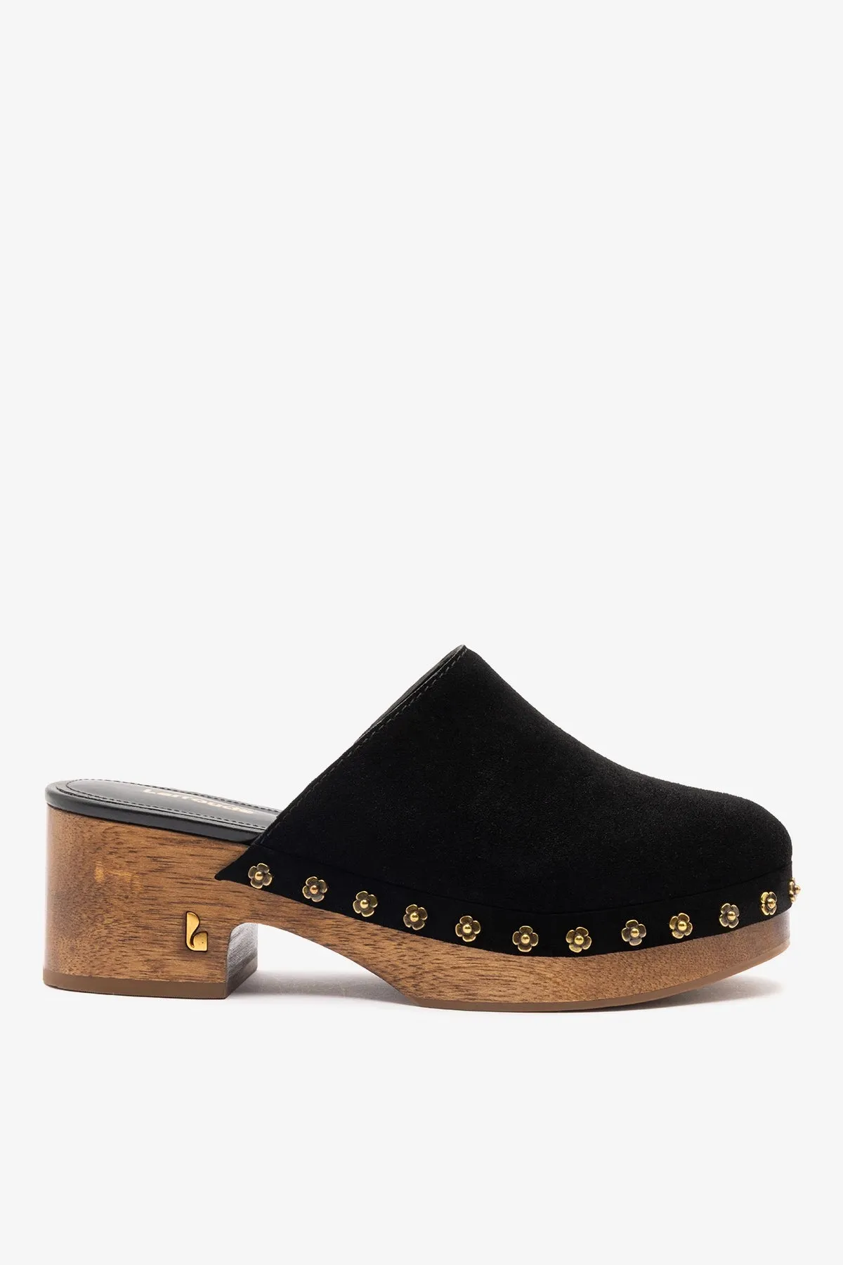 Miso Low Clog In Black Suede sold by Larroude
