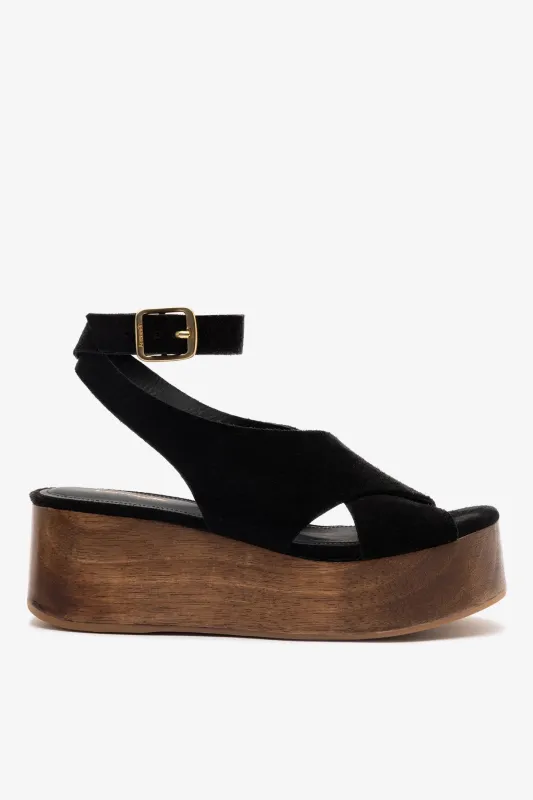 Miranda Flatform Sandal In Black Suede made by Larroude