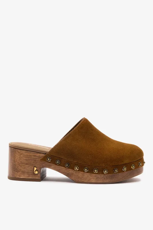 Miso Low Clog In Russet Suede sold by Larroude