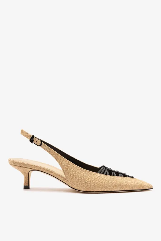Nara Pump In Beige Raffia and Black Leather made by Larroude