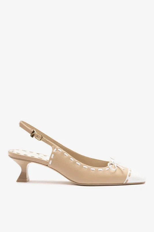 Jenny Pump In Sand Leather and White Patent Leather sold by Larroude