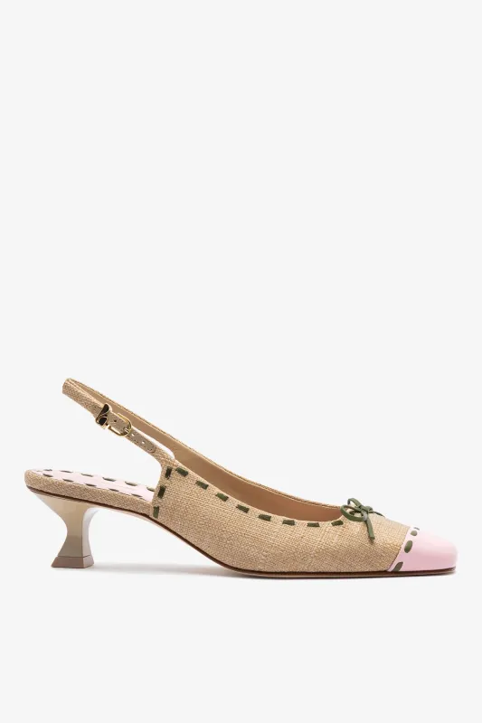 Jenny Pump In Beige Raffia and Tulip and Seaweed Leather sold by Larroude