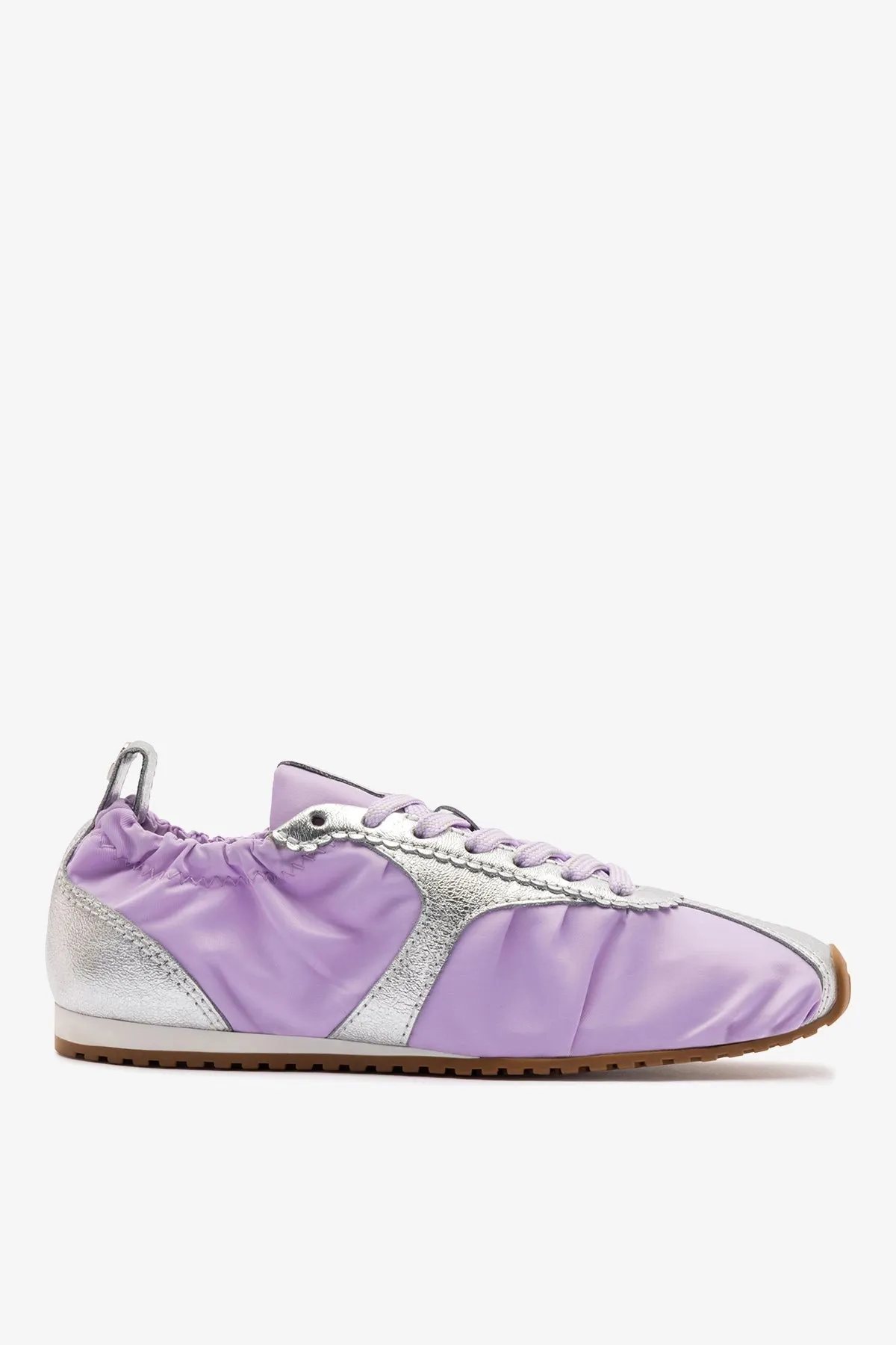 Stella Lite Sneaker In Lilac Nylon and Silver Metallic Leather sold by Larroude