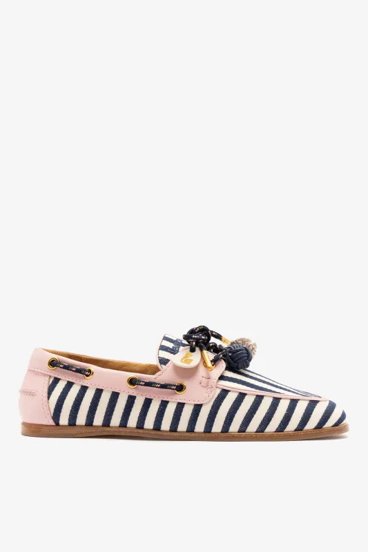 Cyprus Boat Shoe Navy Striped and Pink Leather sold by Larroude