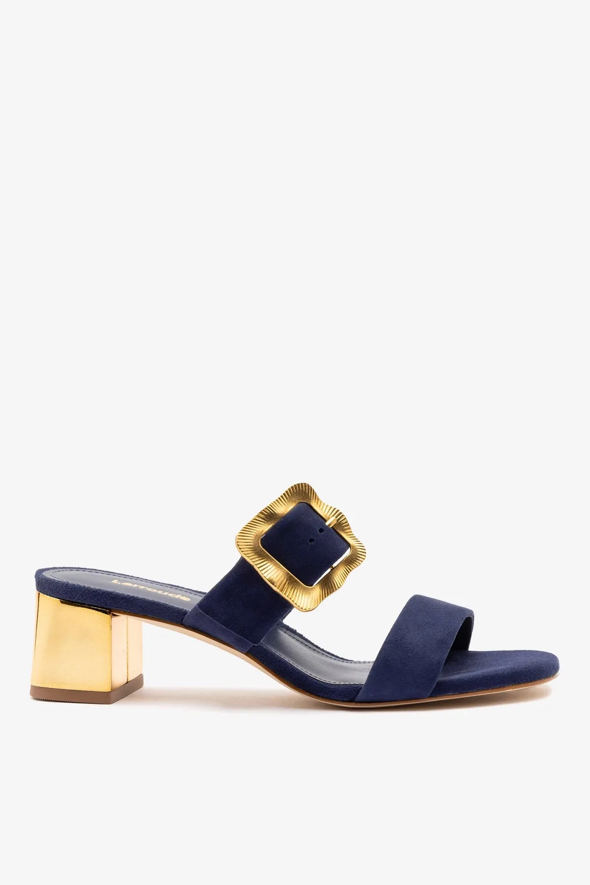 Maria Sandal Navy Suede sold by Larroude