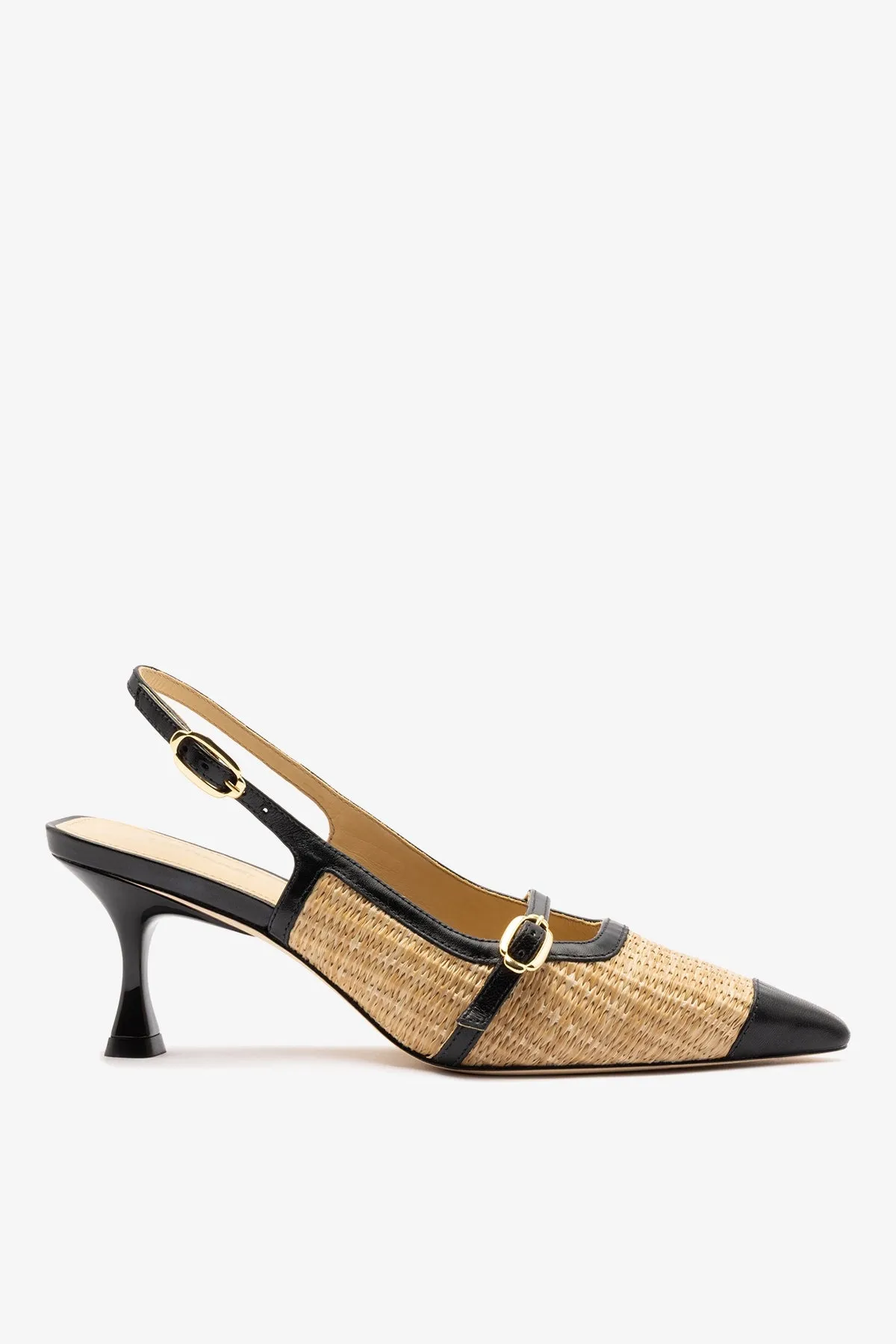 Ines Pump Natural Raffia and Black Leather sold by Larroude