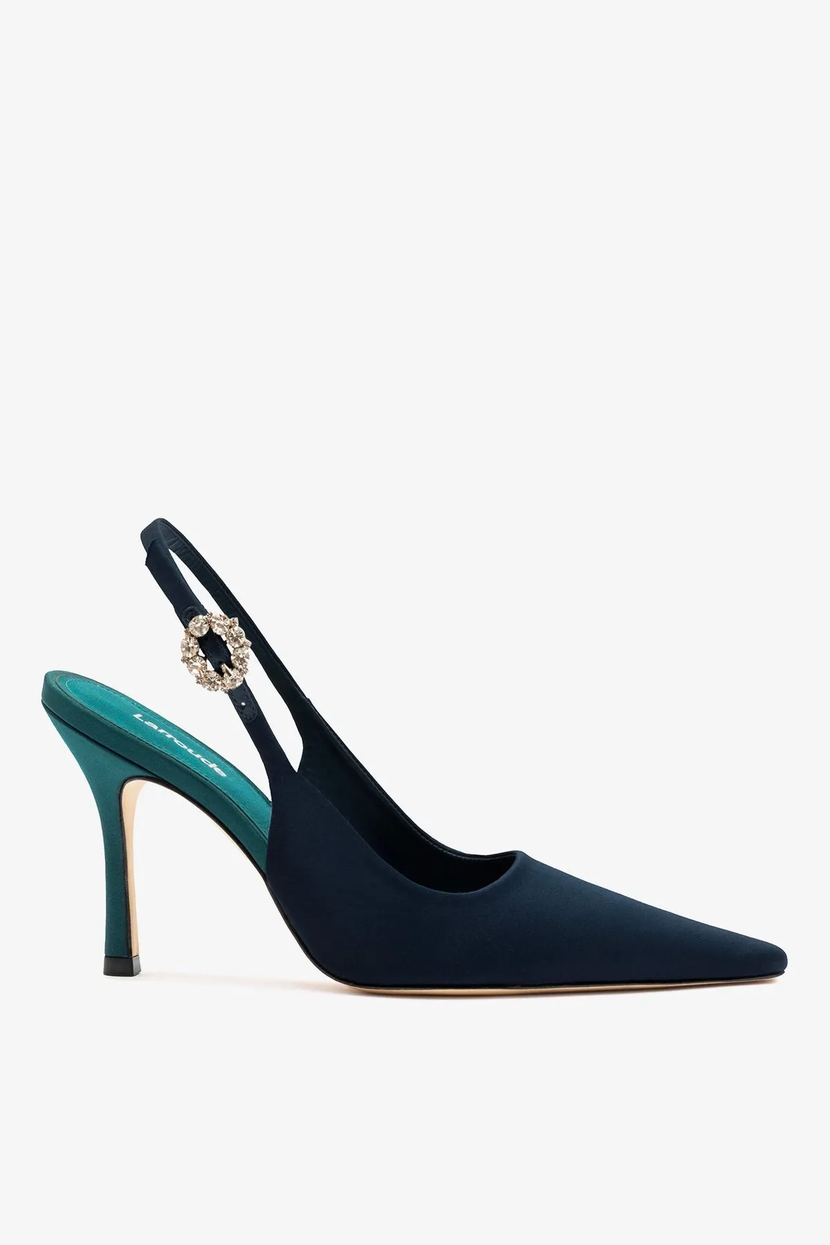 Carine Pump Ocean Satin sold by Larroude