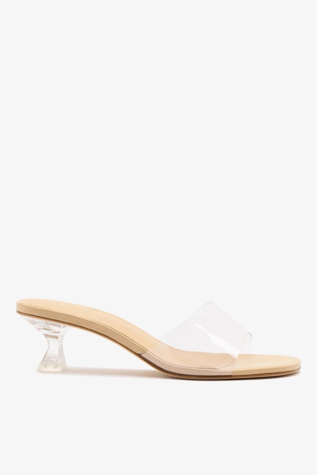 Vivi Lucite Clear Mule Sand Leather sold by Larroude