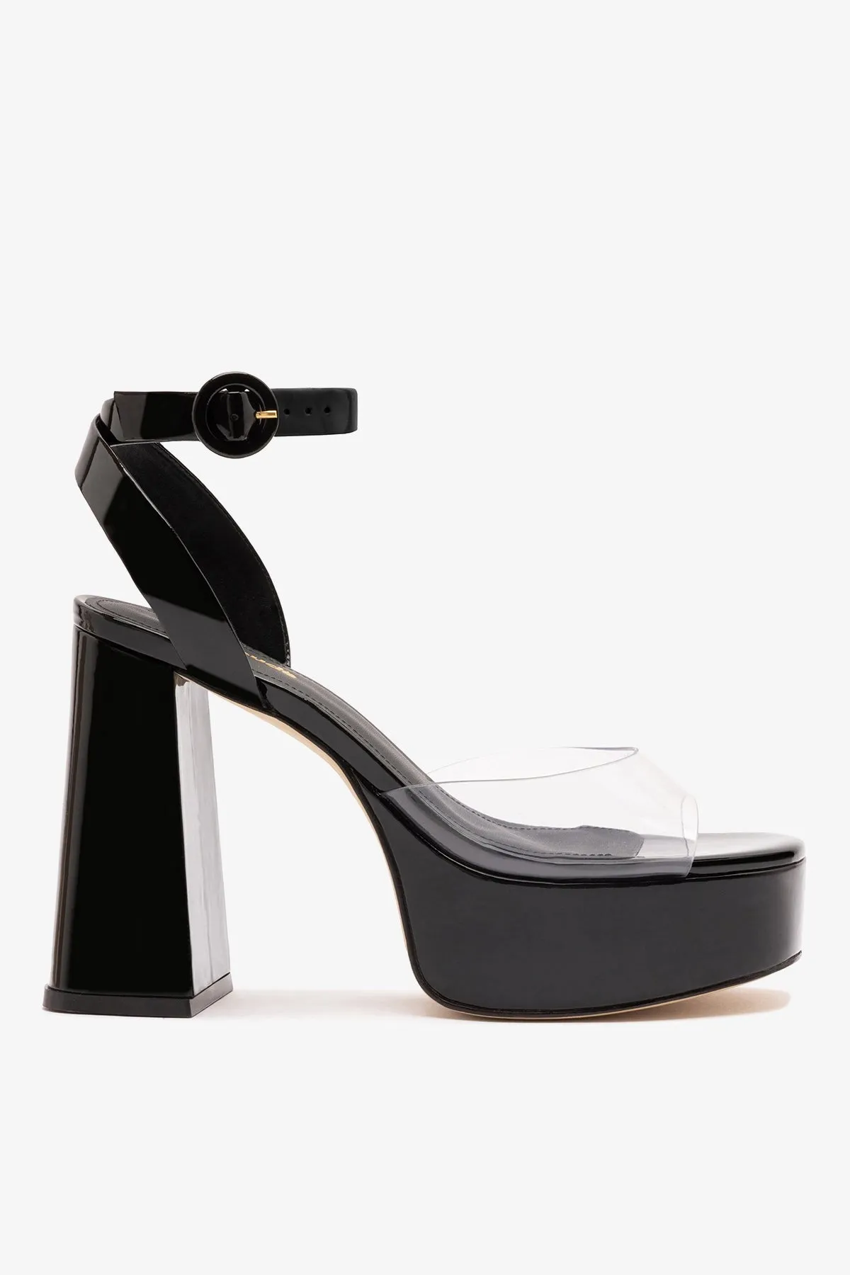 Dolly Clear Sandal Black Patent Leather sold by Larroude