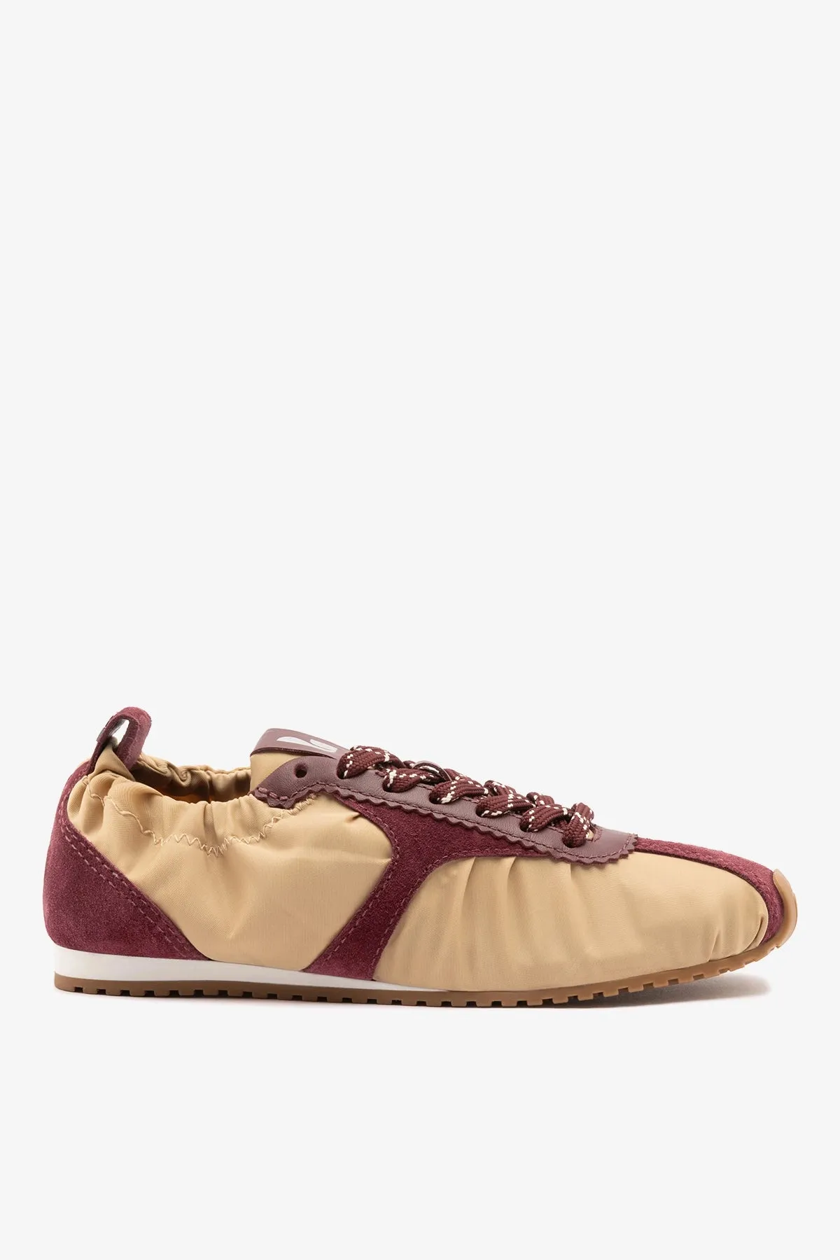 Stella Lite Sneaker Peanut Nylon and Burgundy Suede sold by Larroude