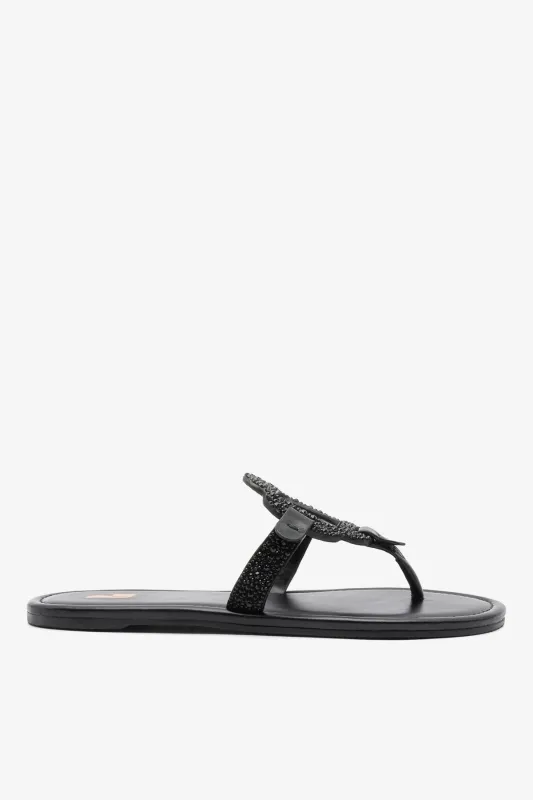 Margherita Crystal Thong Sandal Black Suede made by Larroude