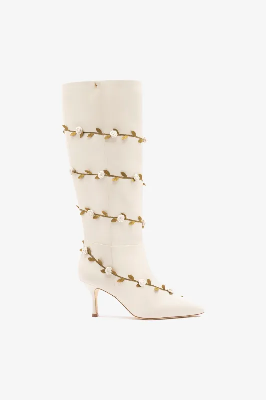 Larroudé x Tanner Fletcher: Kate Mid Rose Vines Boot Ivory Leather made by Larroude