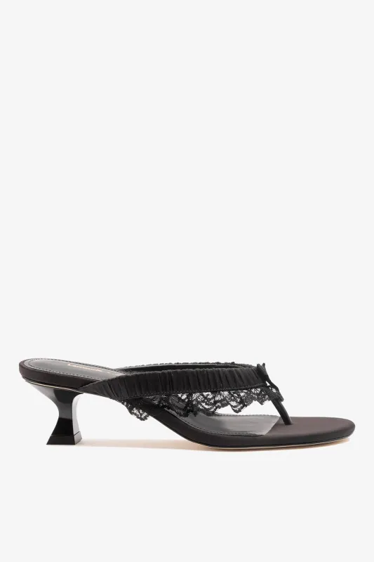 Larroudé x Tanner Fletcher: Gaia Low Lingerie Thong Sandal Black Satin made by Larroude