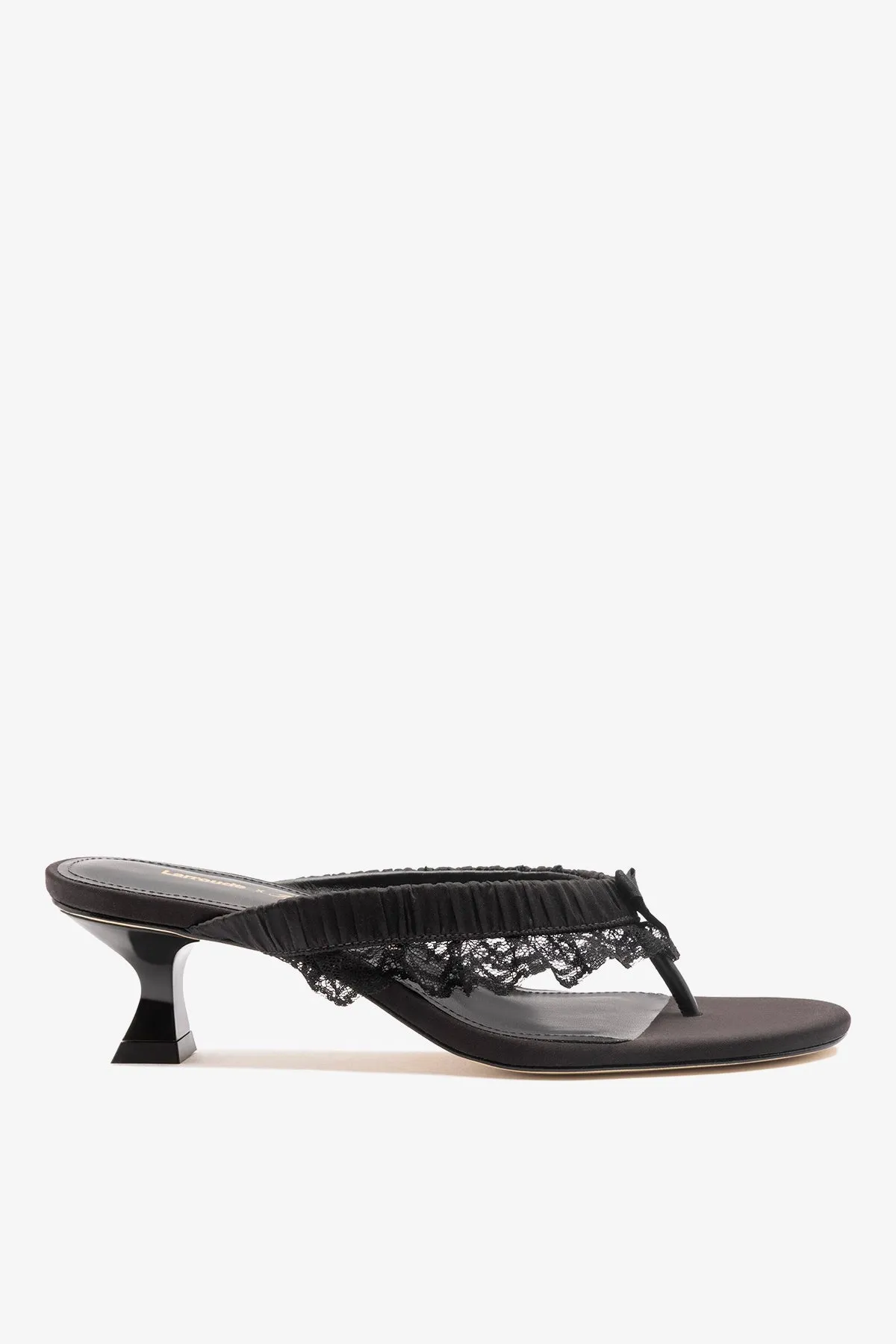 Larroudé x Tanner Fletcher: Gaia Low Lingerie Thong Sandal Black Satin sold by Larroude