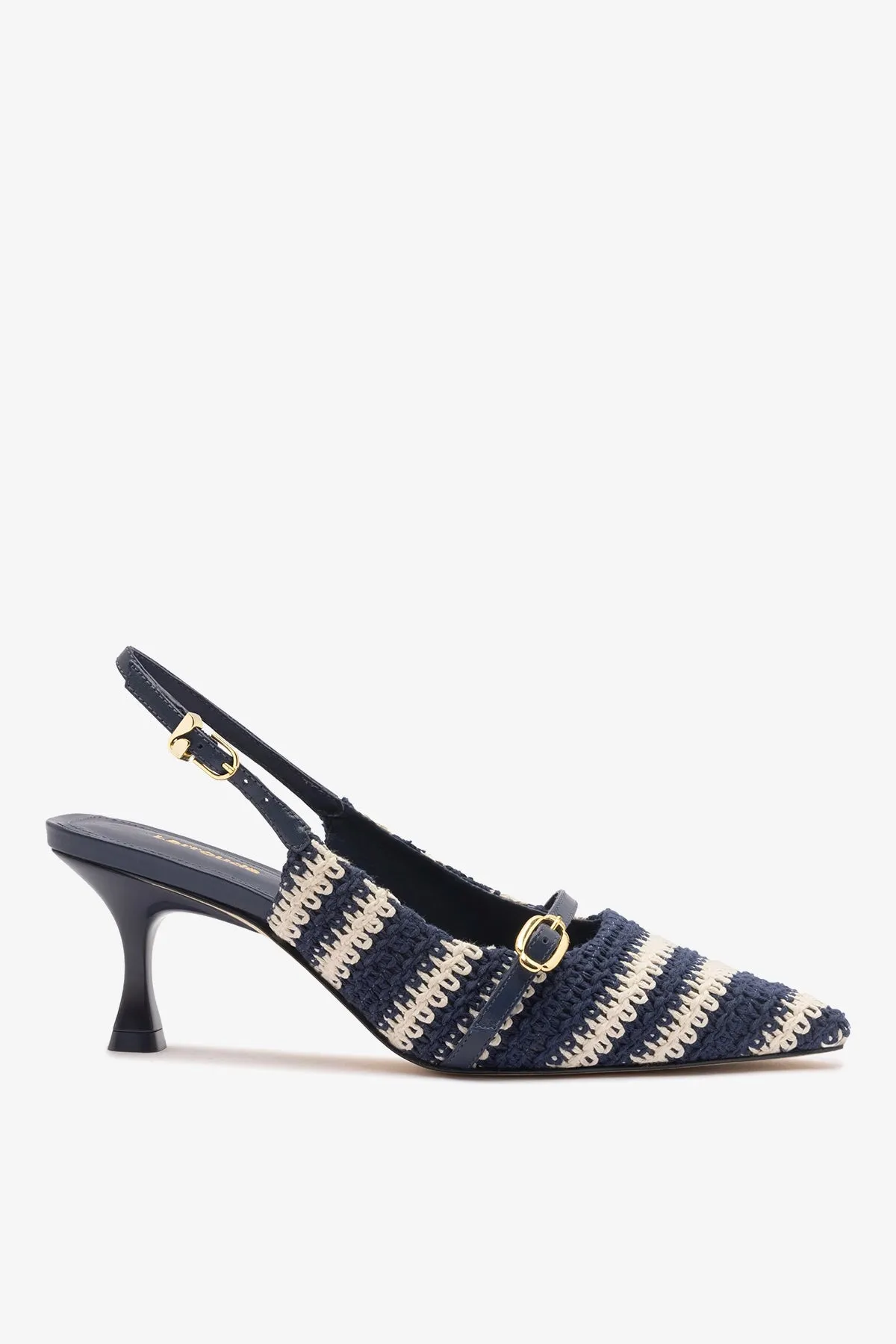Ines Crochet Pump Striped Navy sold by Larroude