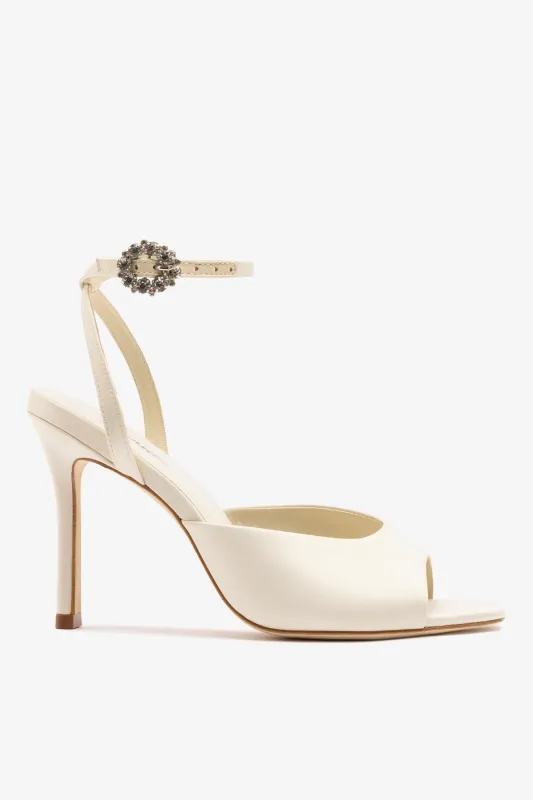 Jasmine Sandal White Satin made by Larroude