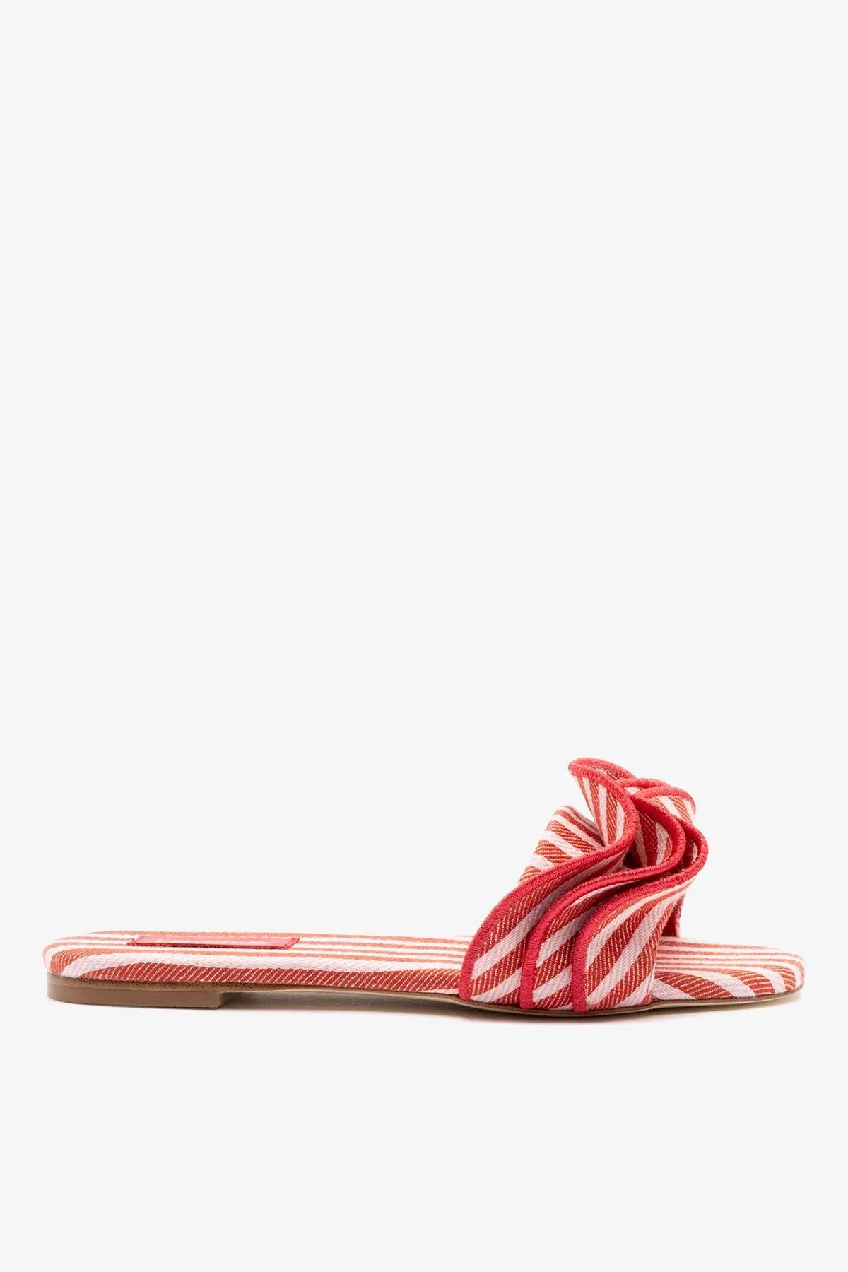 Ivy Ruffle Flat Carmine Striped Canvas sold by Larroude