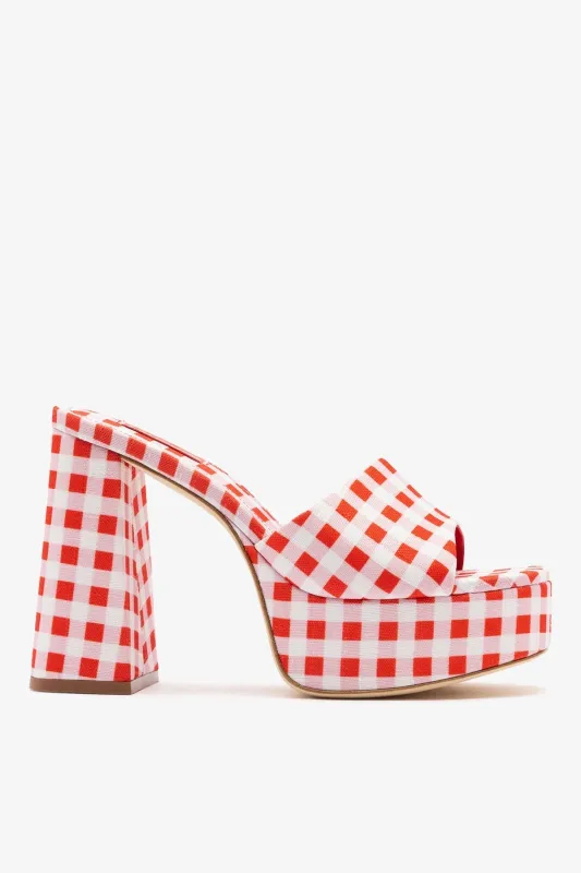 Dolly Platform Mule Scarlet Printed Fabric made by Larroude