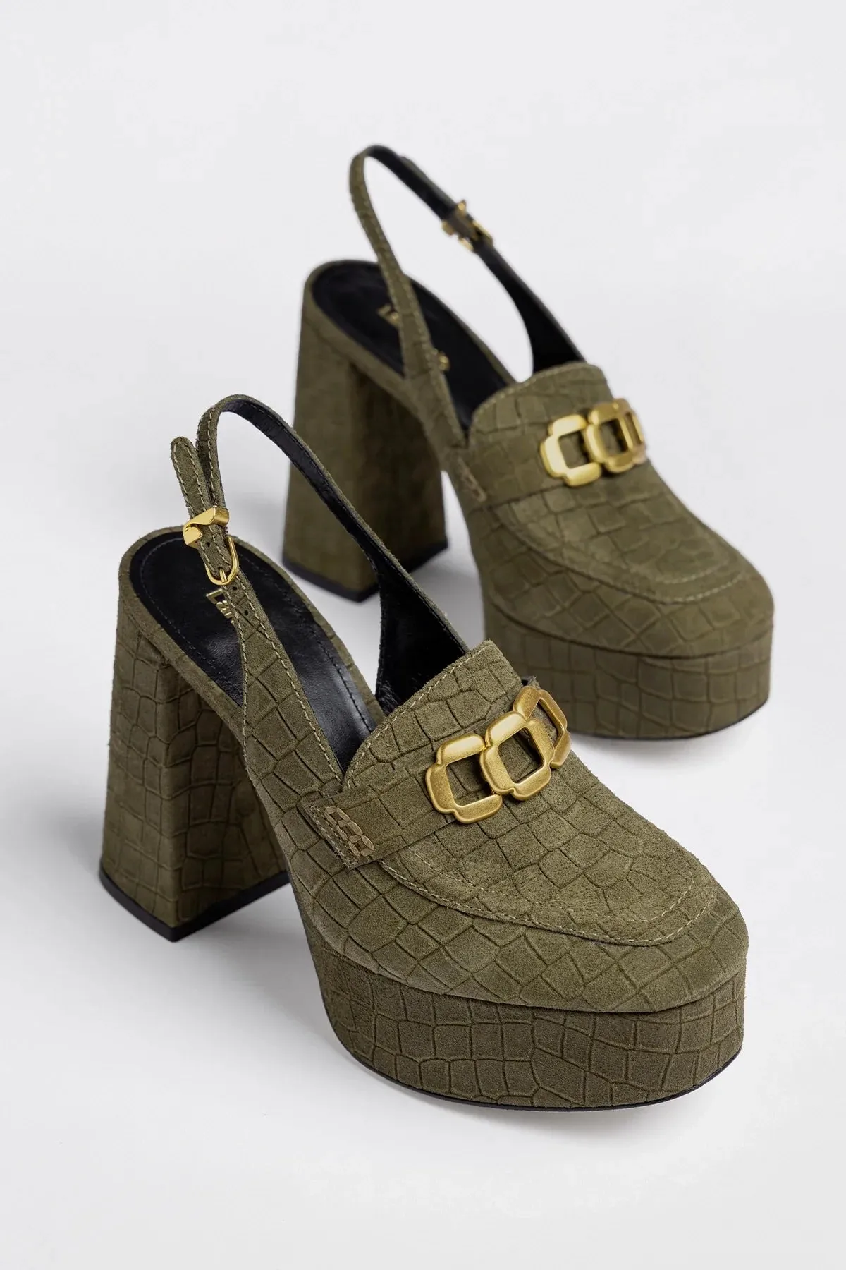 Harrington Hi Platform Loafer Olive Croco Suede sold by Larroude product image thumbnail 3