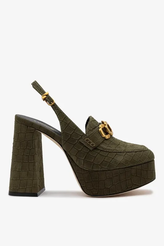Harrington Hi Platform Loafer Olive Croco Suede made by Larroude