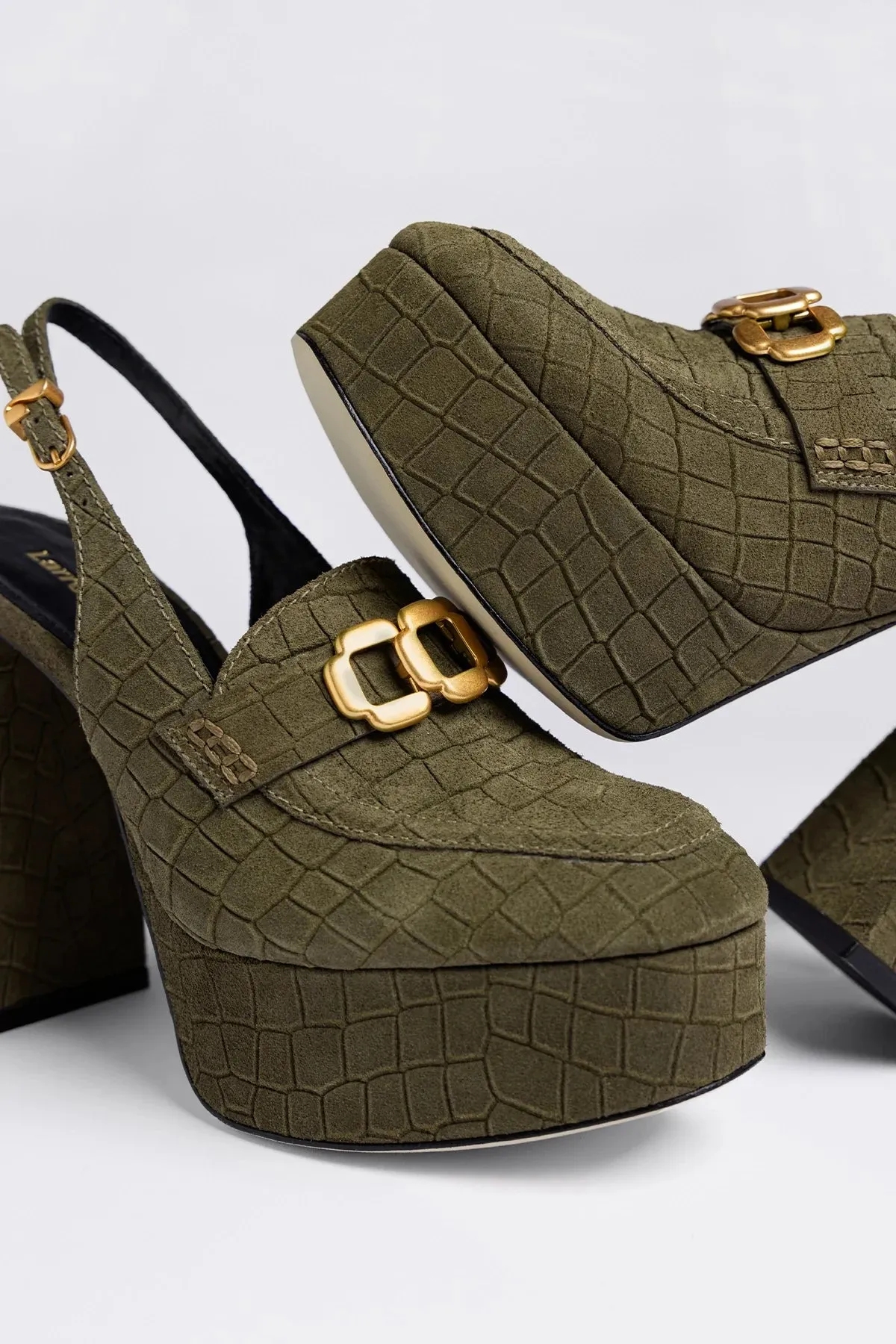 Harrington Hi Platform Loafer Olive Croco Suede sold by Larroude product image thumbnail 5
