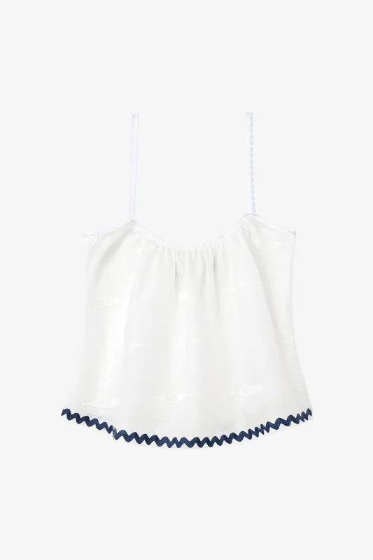 The Perfect Tank Top Embroidered Fish with Navy Trim made by Larroude