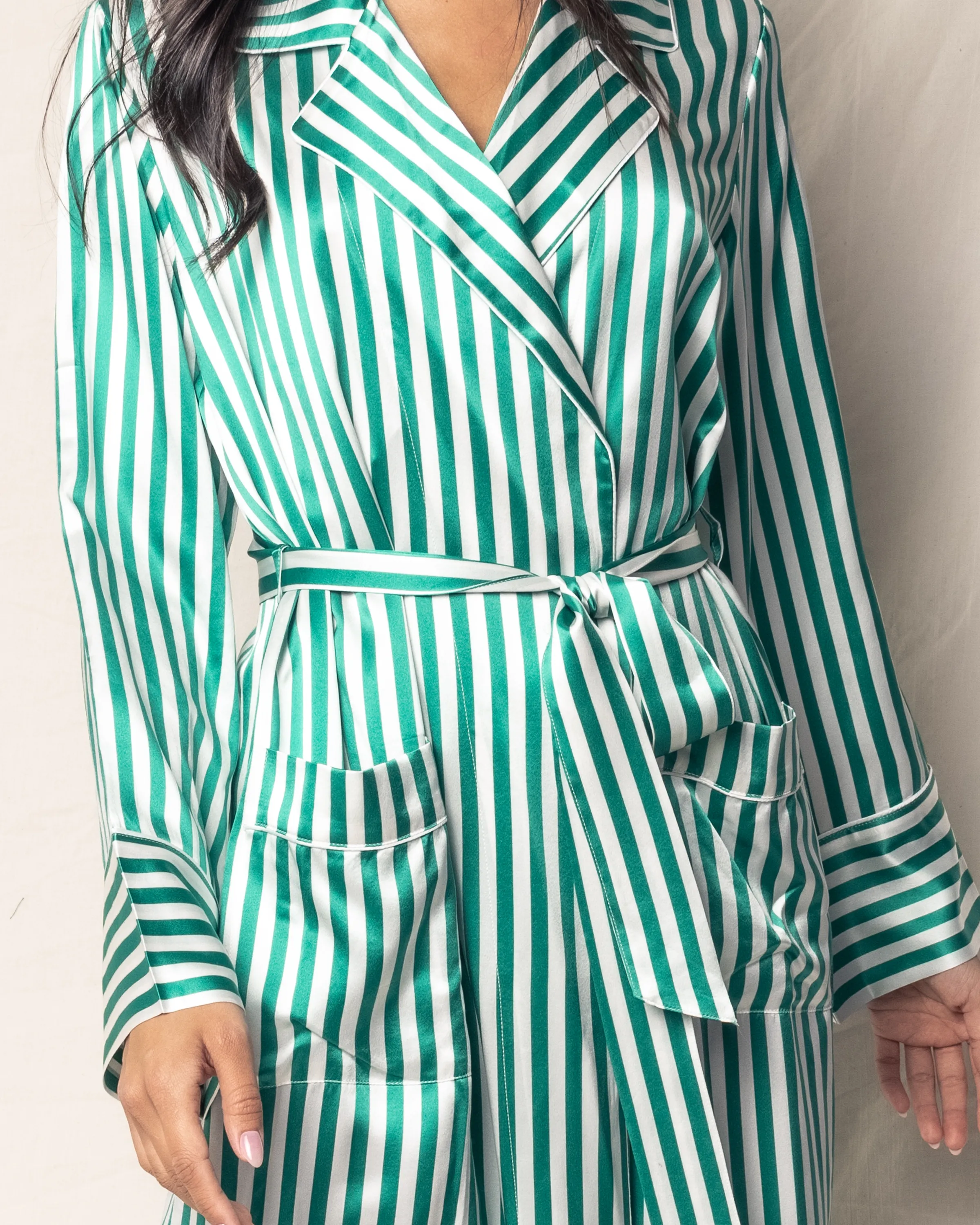 Women's Silk Long Robe in Green Stripe sold by Larroude product image thumbnail 4