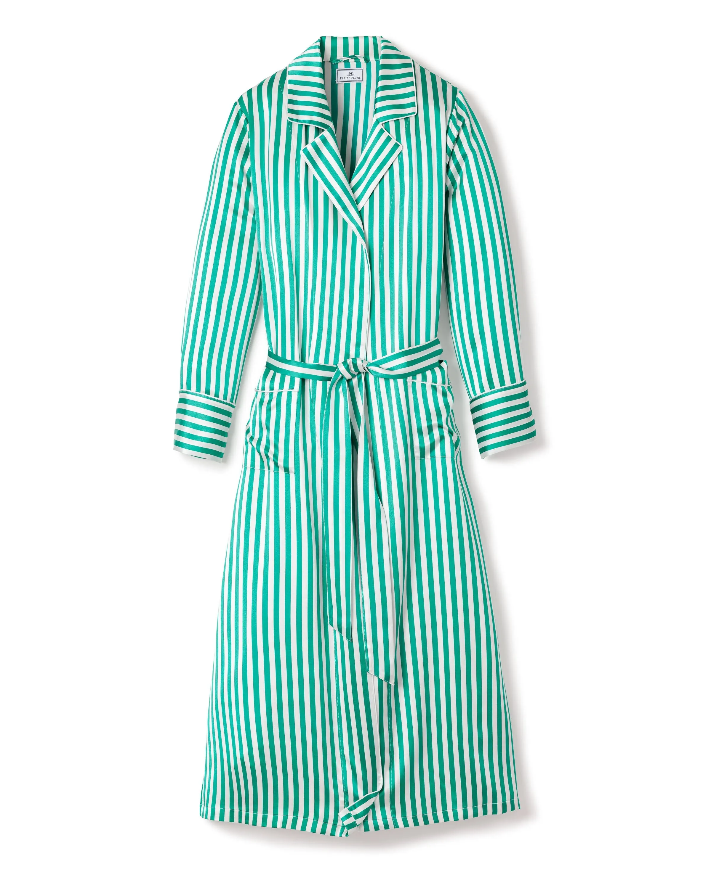 Women's Silk Long Robe in Green Stripe sold by Larroude