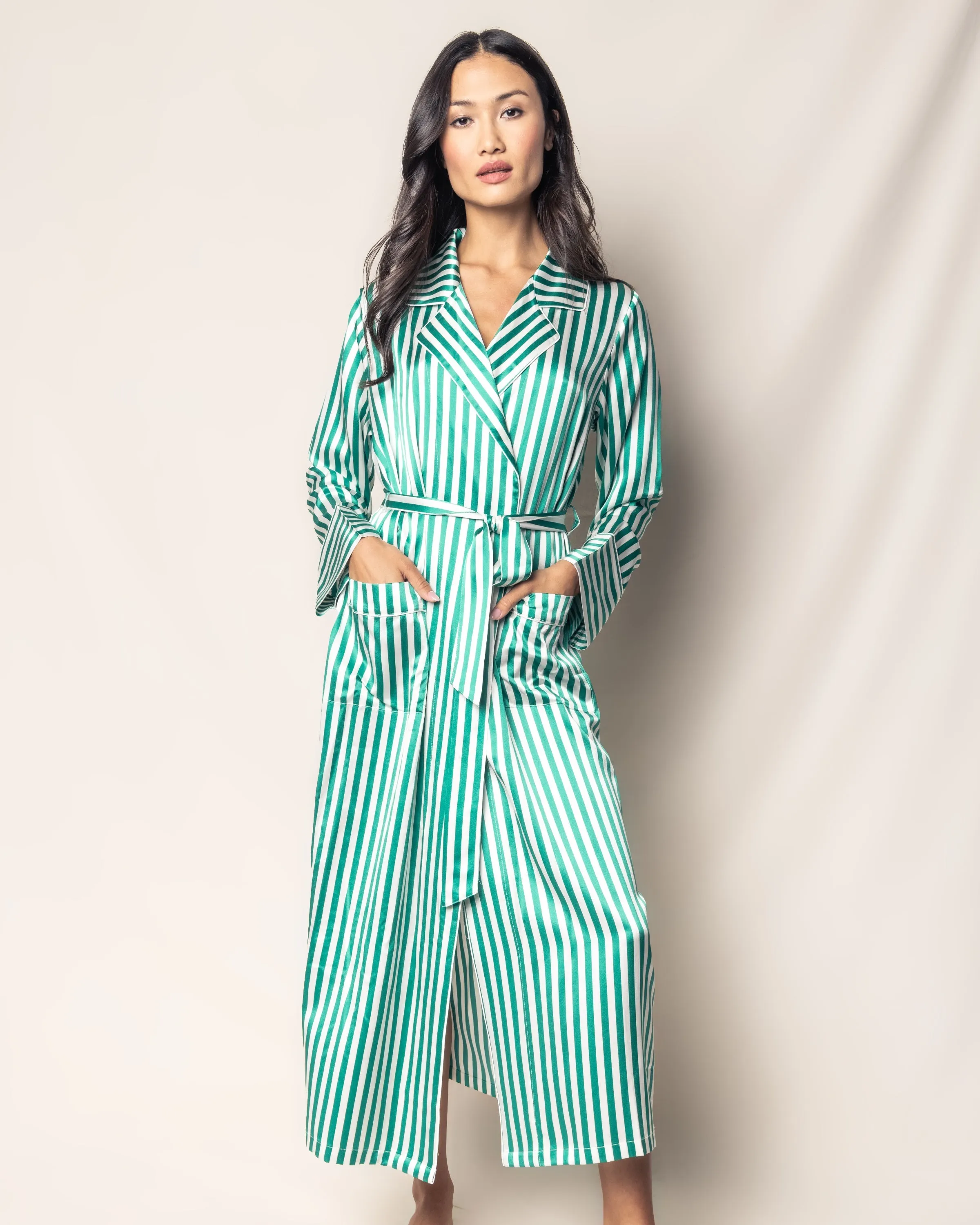 Women's Silk Long Robe in Green Stripe sold by Larroude product image thumbnail 2