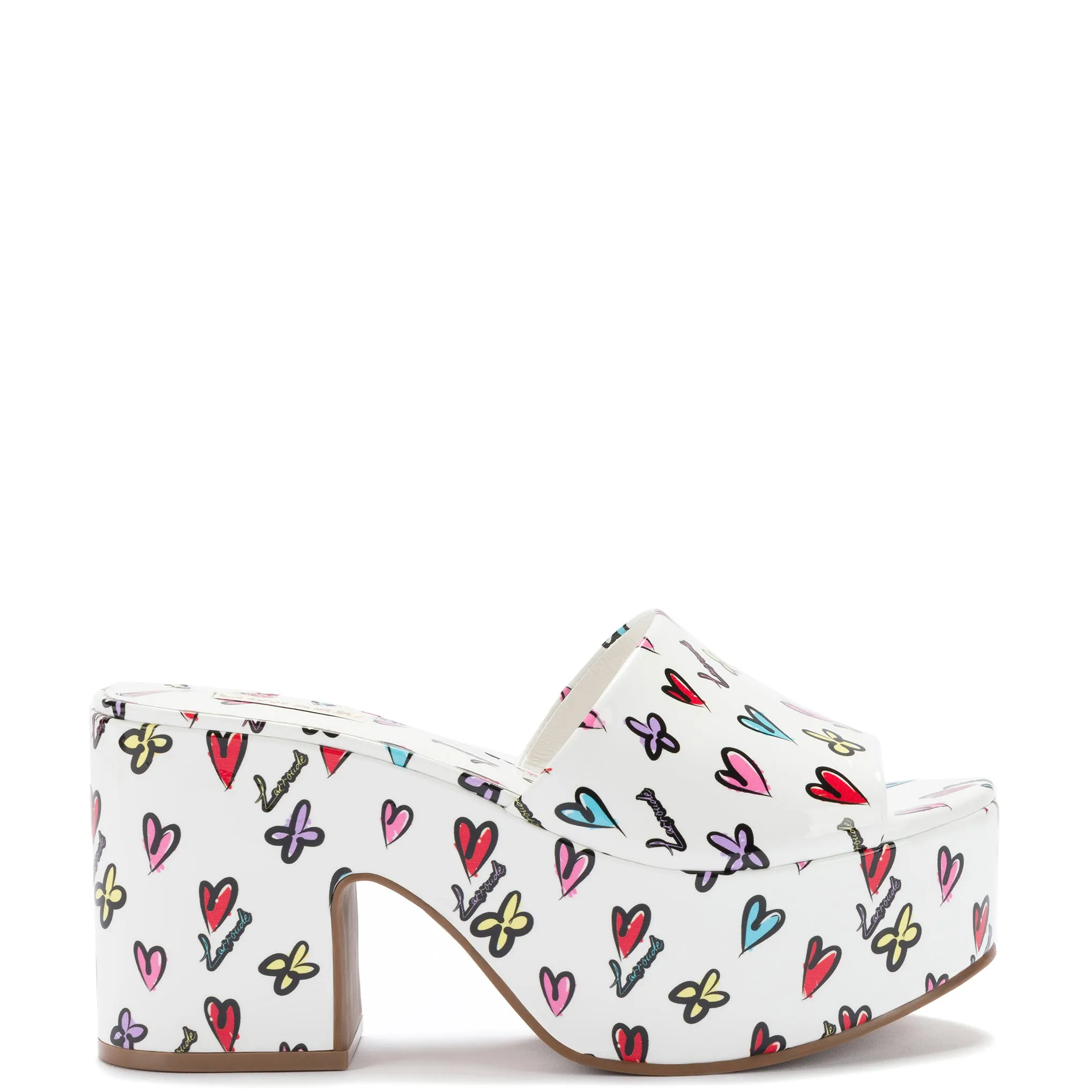 Miso Platform Sandal In White Heart Printed Leather sold by Larroude