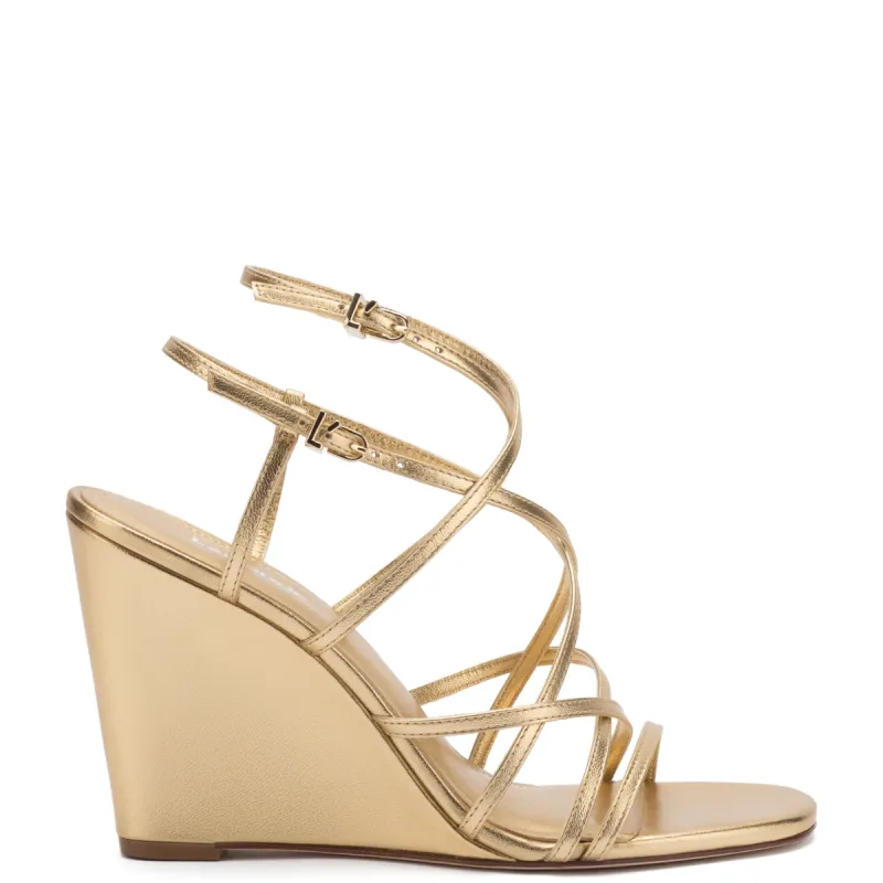 Naomi Wedge In Gold Metallic Leather sold by Larroude